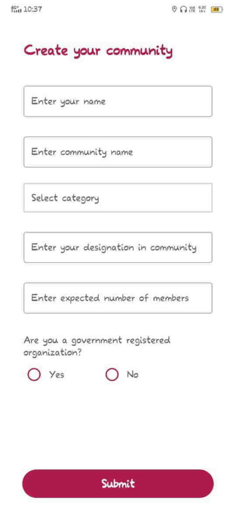 fill form to create community